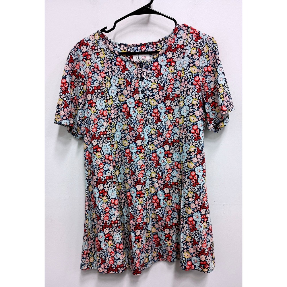 Denim & Co Floral Henley Top Women Medium Navy Blue Short Sleeve Cottagecore